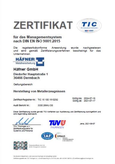 Zertifikat ISO 9001:2015 Häfner GmbH in Diedorf/Rhön